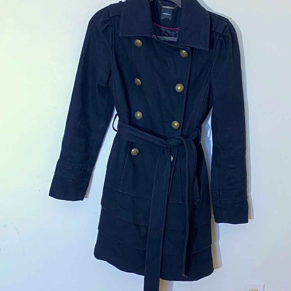 Express, black pea coat with ruffles